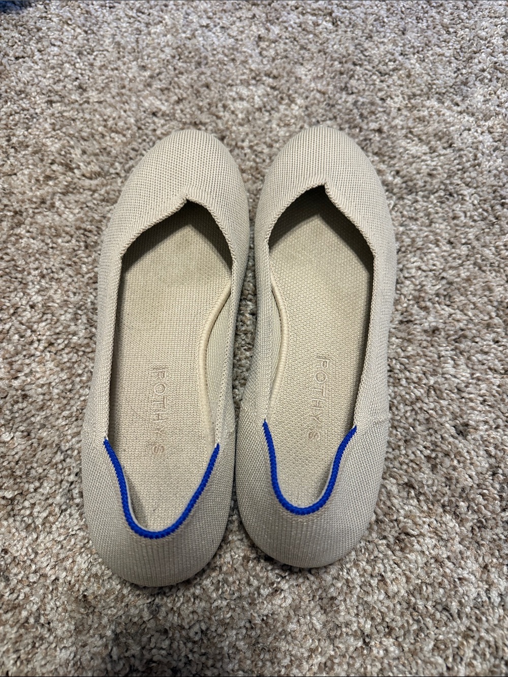 Rothy's Beige Knit Flats with Blue Heel Trim